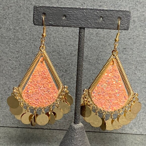 Exotic Teardrop Pierced Earrings 3.25 In Gold Peach Iridescent Sparkle Dangles - Picture 1 of 3